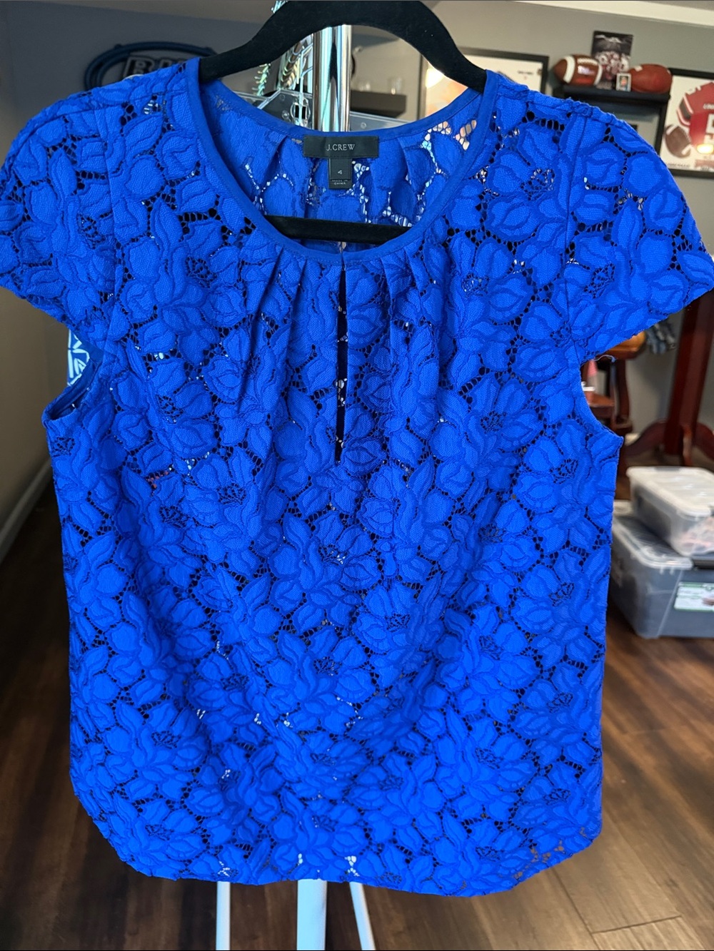 J. Crew Electric Blue Floral Lace Short Sleeve Blouse